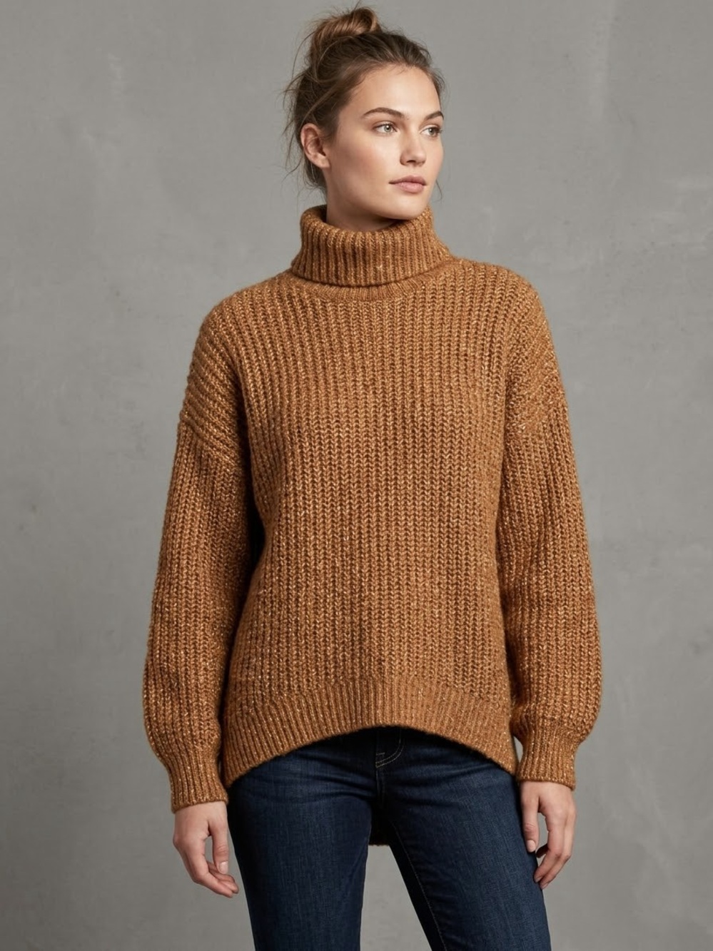 Old Navy Ribbed Turtleneck Sweater in Camel Brown Tunic Length Wool Blend